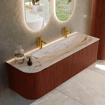 MONDIAZ KURVE-DLUX meuble de salle de bains 145cm arrondi à gauche couleur Ruby avec 1 tiroir et 1 porte. Lavabo BIG LARGE à droite 2 trous de robinet Nata.