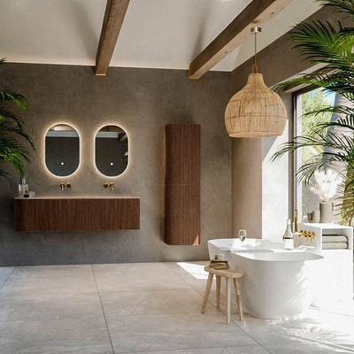 MONDIAZ KURVE-DLUX meuble de salle de bains 155cm arrondi gauche couleur noyer avec 2 tiroirs et 1 porte. Lavabo LEAF double / droite sans trou de robinet Arena.