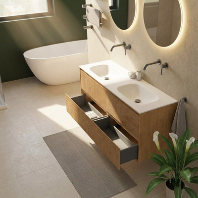 Saniclass Holz Atelier Ensemble meuble de salle de bains - 140x45x61.5cm - lavabo Flow en solid surface blanc - 2 vasques - sans trous de robinetterie - 4 tiroirs - chêne natural mat (bois)