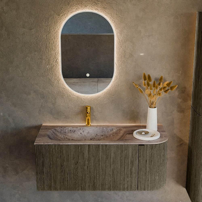 MONDIAZ KURVE-DLUX Meuble de salle de bains 105cm arrondi à droite couleur Shadow avec 1 tiroir et 1 porte. Lavabo BIG SMALL gauche 1 trou de robinet Oza.