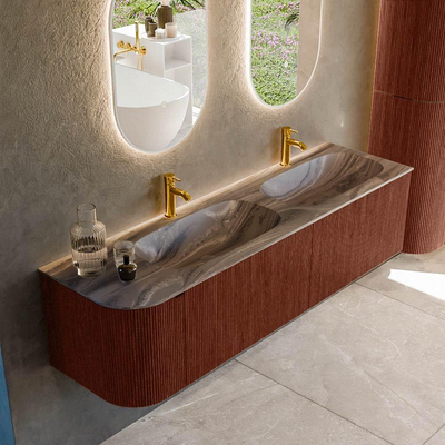 MONDIAZ KURVE-DLUX meuble de salle de bains 165cm arrondi à gauche couleur Ruby avec 2 tiroirs et 1 porte. Lavabo STOR SMALL Double / Bol à droite 2 trous de robinet Sombra.