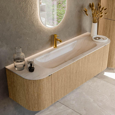 MONDIAZ KURVE-DLUX meuble de salle de bains 150cm arrondi gauche + droite couleur Oak avec 1 tiroir et 2 portes. Lavabo BIG MEDIUM milieu 1 trou de robinet Meli.