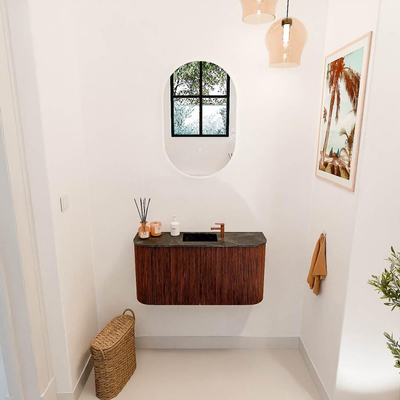 Mondiaz JOYA-DLUX 83.2cm toiletmeubel - ronding links en rechts kleur Ruby - Wastafel FAYE positie Midden 1 kraangat kleur Lava.