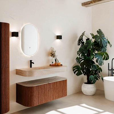 MONDIAZ THOR-DLUX 120cm meuble de salle de bains arrondi gauche + droite couleur Ruby avec 1 tiroir et 2 portes. Vasque suspendue CLOUD Gauche 1 trou de robinet couleur Saba.