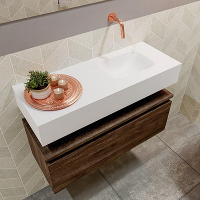 MONDIAZ ANDOR Toiletmeubel - 80x30x30cm - 0 kraangaten - 1 lades - dark brown mat - wasbak rechts - Solid surface - Wit