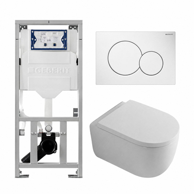 QeramiQ Dely Swirl Pack WC - 36.5x53cm - réservoir encastré Geberit UP320 - 35mm Abattant WC - plaque de déclenchement sigma blanche - boutons ronds - blanc brillant