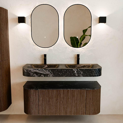 MONDIAZ THOR-DLUX 120cm meuble de salle de bains arrondi gauche + droite couleur Walnut avec 1 tiroir et 2 portes. Vasque suspendue CLOUD Double 2 trous de robinet couleur Lava.