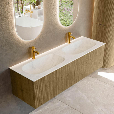 Mondiaz KURVE-DLUX Ensemble de meuble salle de bain - 150x46x40cm - 2 tiroirs - lavabo en solid surface - double - 2 trous de robinet - Dusk