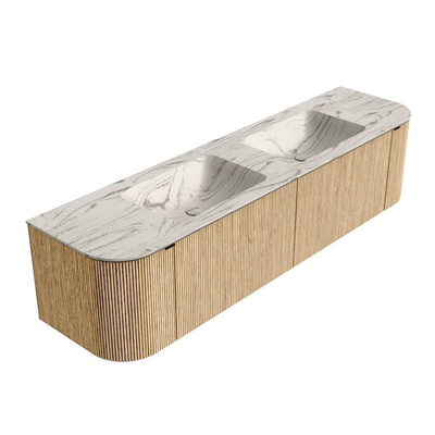 MONDIAZ KURVE-DLUX Meuble de salle de bains 180cm arrondi gauche + droite couleur chêne avec 2 tiroirs et 2 portes. Lavabo LEAF double sans trou de robinet Nata.