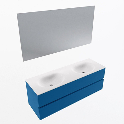 Mondiaz VICA ensemble de meuble de salle de bain - 140cm - meuble sous-vasque jeans - 2 tiroirs - lavabo moon double - 2 trous de robinet - couleur talc - miroir LED - version XL 60cm de haut