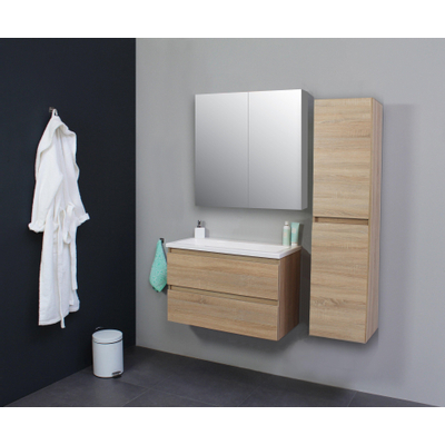 Basic Bella Meuble avec lavabo acrylique sans trou de robinet 80x55x46cm avec armoire toilette à 2 portes gris Chêne