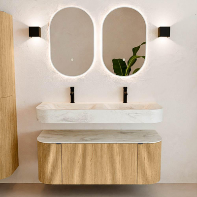 MONDIAZ THOR-DLUX 120cm badmeubel ronding links + rechts kleur Oak met 1 lade en 2 deuren. Vrijhangende wastafel CLOUD Dubbel 2 kraangaten kleur Ostra.