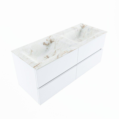 Mondiaz VICA-DLUX ensemble de meuble de salle de bain - 120cm - meuble sous-vasque talc - 4 tiroirs - lavabo encastré cloud double - 2 trous de robinet - version haute de 60cm - frape