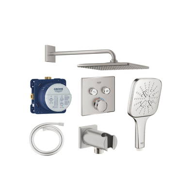 Grohe Grohtherm Ensemble de douche pluie - encastrable - pommeau carré - douchette carrée - bras mural courbé - supersteel