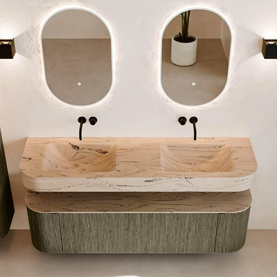 MONDIAZ THOR-DLUX 160cm meuble de salle de bains arrondi gauche + droite couleur Shadow avec 1 tiroir et 2 portes. Vasque suspendue CLOUD Double sans trou de robinet couleur Arena.