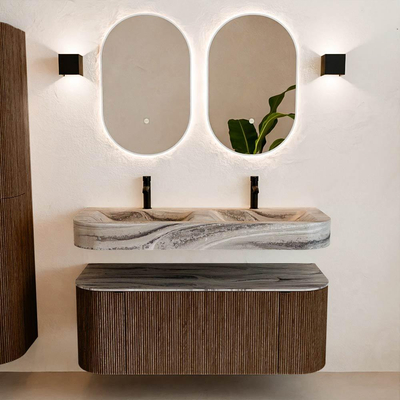 MONDIAZ THOR-DLUX 120cm badmeubel ronding links + rechts kleur Walnut met 1 lade en 2 deuren. Vrijhangende wastafel CLOUD Dubbel 2 kraangaten kleur Sombra.