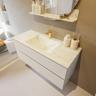 Mondiaz VICA-DLUX ensemble de meuble de salle de bain - 110cm - meuble sous lavabo lin - 2 tiroirs - lavabo encastré nuage milieu - 1 trou de robinet - miroir modèle spot - version XL 60cm haut - opalo