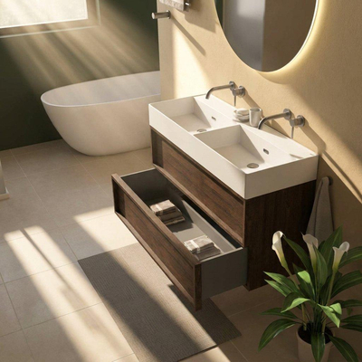 Saniclass Holz Frame Ensemble meuble de salle de bains - 120x45x72cm - Legend lavabo en céramique blanc mat - 2 vasques - 2 trous de robinetterie - 2 tiroirs - chêne charcoal mat (bois)