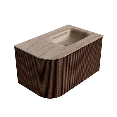 MONDIAZ KURVE-DLUX meuble de salle de bains 75 cm courbure Gauche couleur noyer avec 1 tiroir et 1 porte. Lavabo GRUNNE Droit sans trou de robinet Saba.