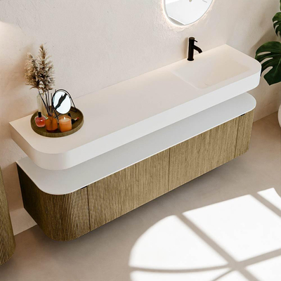 MONDIAZ THOR 180cm meuble de salle de bains arrondi gauche + droite couleur Dusk avec 2 tiroirs et 2 portes. Vasque suspendue CLOUD Droite 1 trou de robinet couleur Talc.