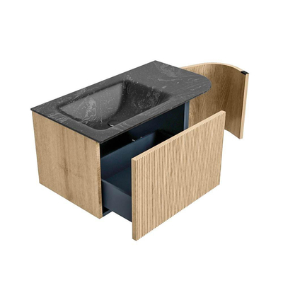 MONDIAZ KURVE-DLUX Meuble de salle de bains 85 cm avec module 25 R couleur Oak avec 1 tiroir et 1 porte. Lavabo CLOUD gauche sans trou de robinet couleur Lava.
