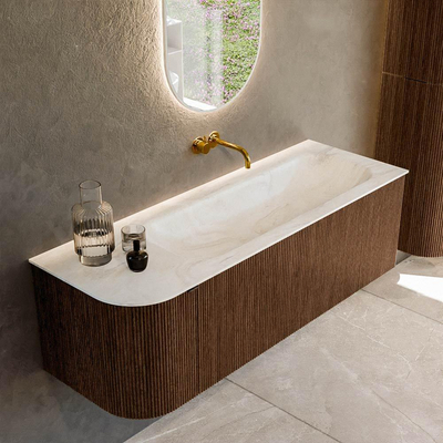 MONDIAZ KURVE-DLUX 135cm badmeubel met module 25 L kleur Walnut met 1 lade en 1 deur. Wastafel BIG MEDIUM rechts zonder kraangat kleur Ostra.