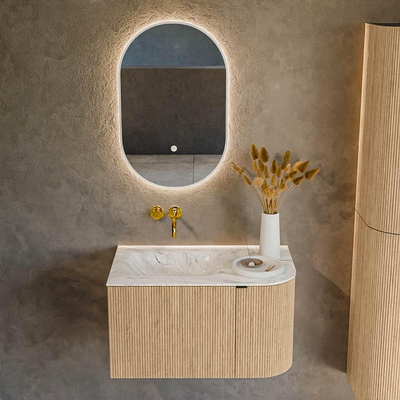 MONDIAZ KURVE-DLUX meuble de salle de bains 75 cm avec module 25 R couleur Oak avec 1 tiroir et 1 porte. Lavabo GRUNNE à gauche sans trou de robinet couleur Glace.