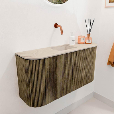 Mondiaz JOYA-DLUX Meuble WC 83,2 cm - arrondi à gauche et à droite couleur Dusk - Lavabo FAYE position Centrale Sans trou de robinet couleur Frappe.