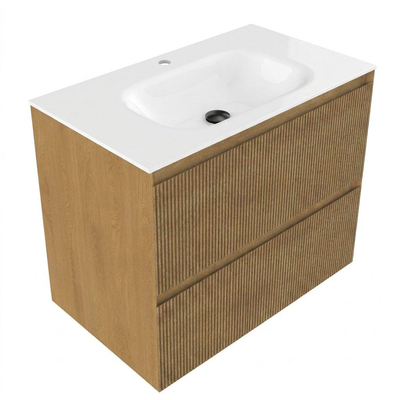 Saniclass Holz Atelier Ensemble de meubles de salle de bains - 80x45x61.5cm - Flow lavabo en solid surface blanc - 1 vasque - 1 trou de robinetterie - 2 tiroirs - chêne natural mat (bois)