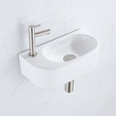 QeramiQ Fuente fonteinset – 40x21.5x12 cm – keramiek wit glans – kraangat links – kraan geborsteld RVS
