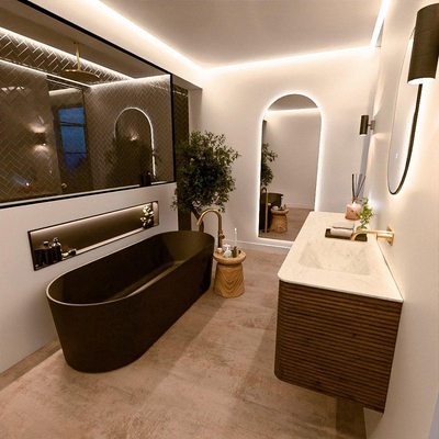 Mondiaz CIRO-DLUX Meuble de salle de bains - 160x45x50cm - Plan-vasque solid surface Opalo - 1 vasque à droite - sans trous de robinetterie - 4 tiroirs - Dusk