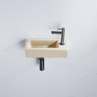 QeramiQ Fuente pack lave-mains – 37,5 x 18,5 x 9 cm – céramique beige – perçage à droite – robinet gunmetal brossé