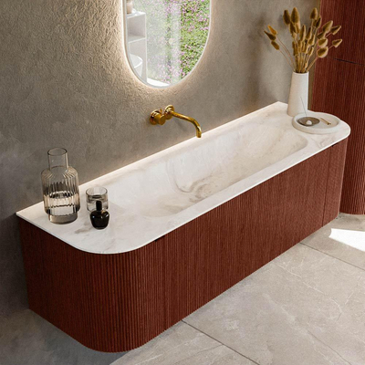 Ensemble de meuble de salle de bain Mondiaz KURVE-DLUX - 150x46x40cm - 1 tiroir - 2 portes - lavabo en solid surface - milieu - sans trou de robinet - Ruby