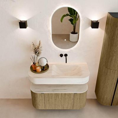 MONDIAZ THOR-DLUX 100cm meuble de salle de bains arrondi gauche + droite couleur Dusk avec 1 tiroir et 2 portes. Vasque suspendue CLOUD Droite sans trou de robinet couleur Meli.