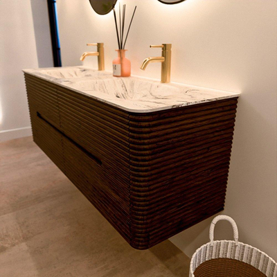 Mondiaz CIRO-DLUX Badkamermeubelset - 140x45x50cm - Solid surface wastafel Glace - 2 wasbak Dubbel - 2 kraangaten - 4 lades - Walnut