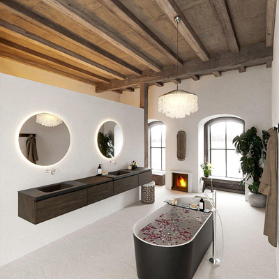 MONDIAZ BUKLA 280cm ensemble de meuble avec module 60 gauche couleur Marron Foncé avec 4 tiroirs. Lavabo CLOUD double 0 trou de robinet couleur Urban.