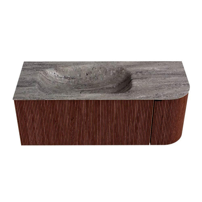 MONDIAZ KURVE-DLUX Meuble de salle de bains 115cm arrondi à droite couleur Ruby avec 1 tiroir et 1 porte. Lavabo BIG SMALL à gauche sans trou de robinet Oza.