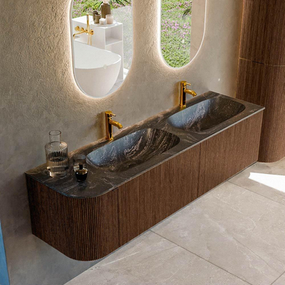 MONDIAZ KURVE-DLUX 165cm badmeubel met module 25 L kleur Walnut met 2 lades en 1 deur. Wastafel STOR SMALL dubbel / rechts 2 kraangaten kleur Lava.