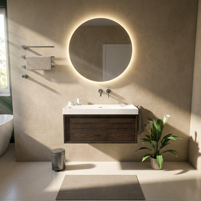 Saniclass Holz Frame Ensemble meuble de salle de bains - 100x45x47.5cm - Wave lavabo en céramique - 1 vasque - sans trou de robinet - 1 tiroir - chêne charcoal mat (bois)