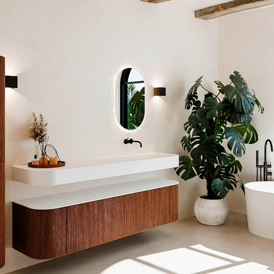 MONDIAZ THOR Meuble de salle de bains - 180cm - arrondi gauche + droite - couleur Ruby - 2 tiroirs et 2 portes - Vasque suspendue CLOUD Droite sans trou de robinet - couleur Talc