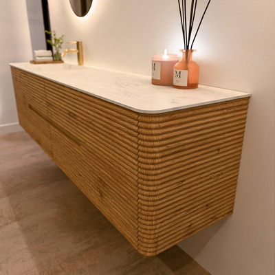 Mondiaz CIRO-DLUX Ensemble de meubles de salle de bains - 190x45x50cm - Plan vasque solid surface Opalo - 1 bassin à gauche - 1 trou de robinet - 4 tiroirs - Chêne