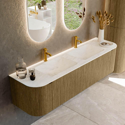 Mondiaz KURVE-DLUX Badkamermeubelset - 170x46x40cm - 1 lade - 2 deuren - wastafel solid surface - dubbel - 2 kraangaten - Dusk