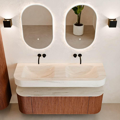 MONDIAZ THOR-DLUX 140cm meuble de salle de bains arrondi gauche + droite couleur Ruby avec 1 tiroir et 2 portes. Vasque suspendue CLOUD Double sans trou de robinet couleur Meli.