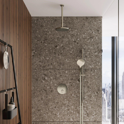 Hotbath Cobber IBS22 Ensemble de douche de tête encastré - bras de plafond 15 cm - douche de tête ronde 30 cm - douchette 3 jets - barre de douche - nickel brossé