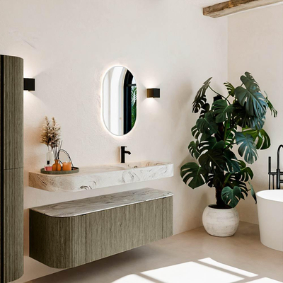 MONDIAZ THOR-DLUX 140cm meuble de salle de bains arrondi gauche + droite couleur Shadow avec 1 tiroir et 2 portes. Vasque suspendue CLOUD Droite 1 trou de robinet couleur Glace.