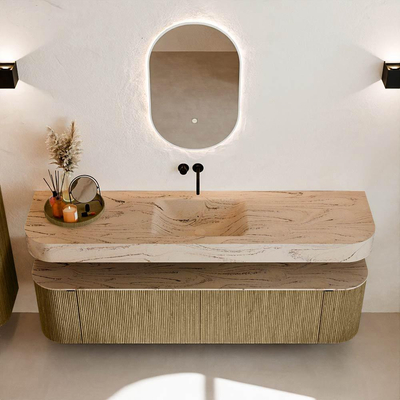 MONDIAZ THOR-DLUX 180cm meuble de salle de bains arrondi gauche + droite couleur Dusk avec 2 tiroirs et 2 portes. Vasque suspendue CLOUD Centre sans trou de robinet couleur Arena.