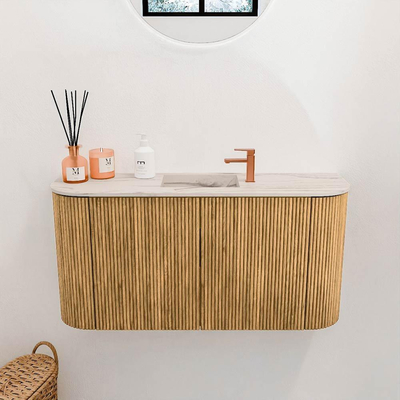 Mondiaz JOYA-DLUX 83.2cm toiletmeubel - ronding links en rechts kleur Oak - Wastafel FAYE positie Midden 1 kraangat kleur Nata.