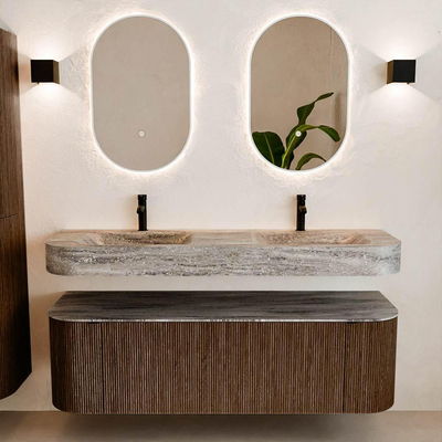 MONDIAZ THOR-DLUX 150cm meuble de salle de bains arrondi gauche + droite couleur Walnut avec 1 tiroir et 2 portes. Vasque suspendue CLOUD Double 2 trous de robinet couleur Oza.