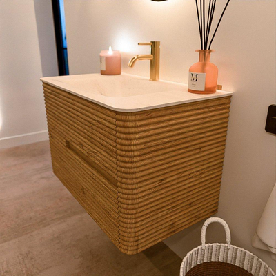 Mondiaz CIRO-DLUX Meuble de salle de bains - 80x45x50cm - Plan-vasque en solid surface Meli - 1 lavabo au milieu - 1 trou de robinet - 2 tiroirs - Chêne