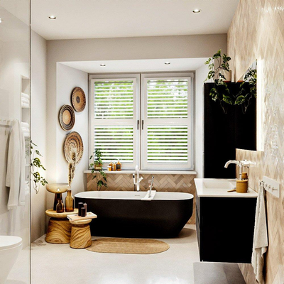 MONDIAZ VICA meuble sous lavabo 120cm Urban 2 tiroirs. Lavabo DENIA centre 1 trou de robinet, couleur Blanc Brillant.
